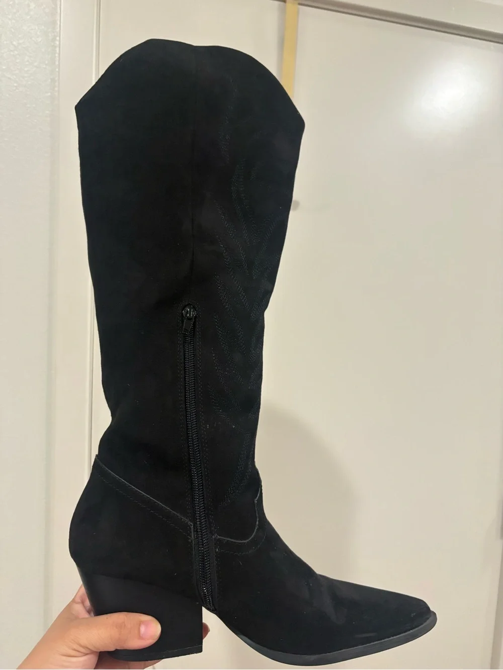 Suede Black Knee-High Pointed Toe Women's Boots